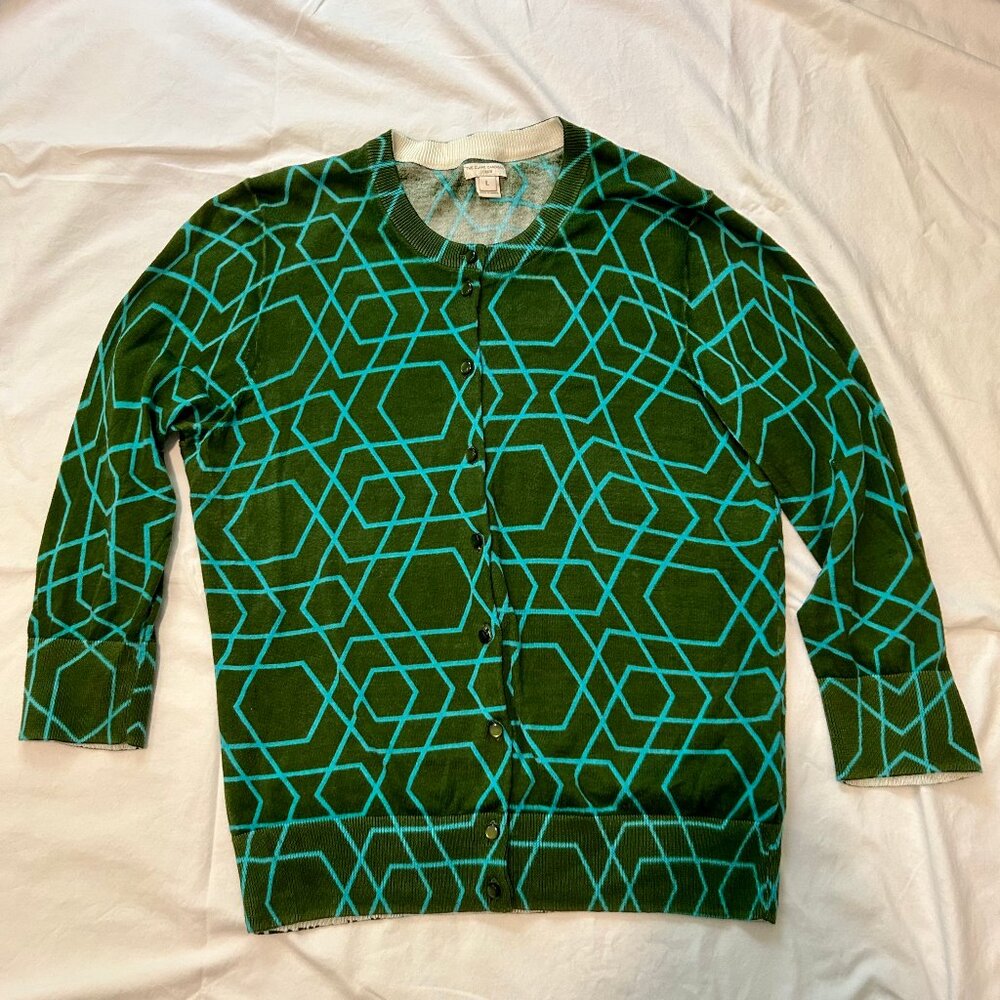 J. Crew Women's Green & Blue Geometric The Clare Cardigan Size Large